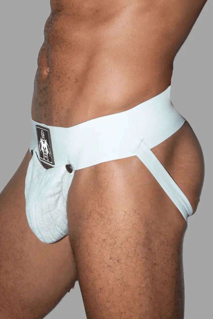 Maskulo Eugene Cyclone white jockstrap with removable mesh pouch on snap buttons. Rough design, wide waistband, polyester/cotton/Spandex.