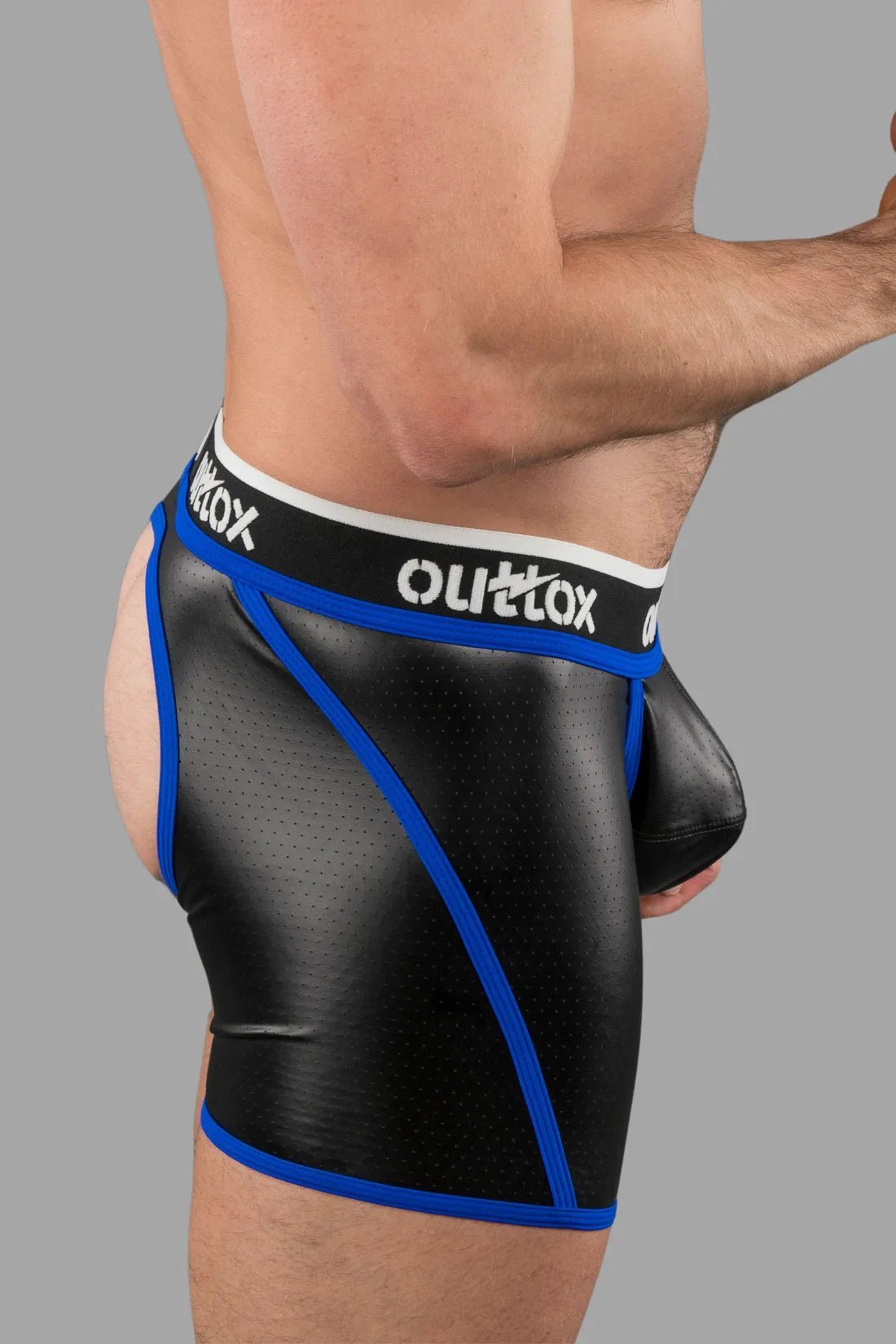 Outtox Open Rear Shorts with Snap Codpiece in Black and Blue, style SH170-62 / XSH108. Men&