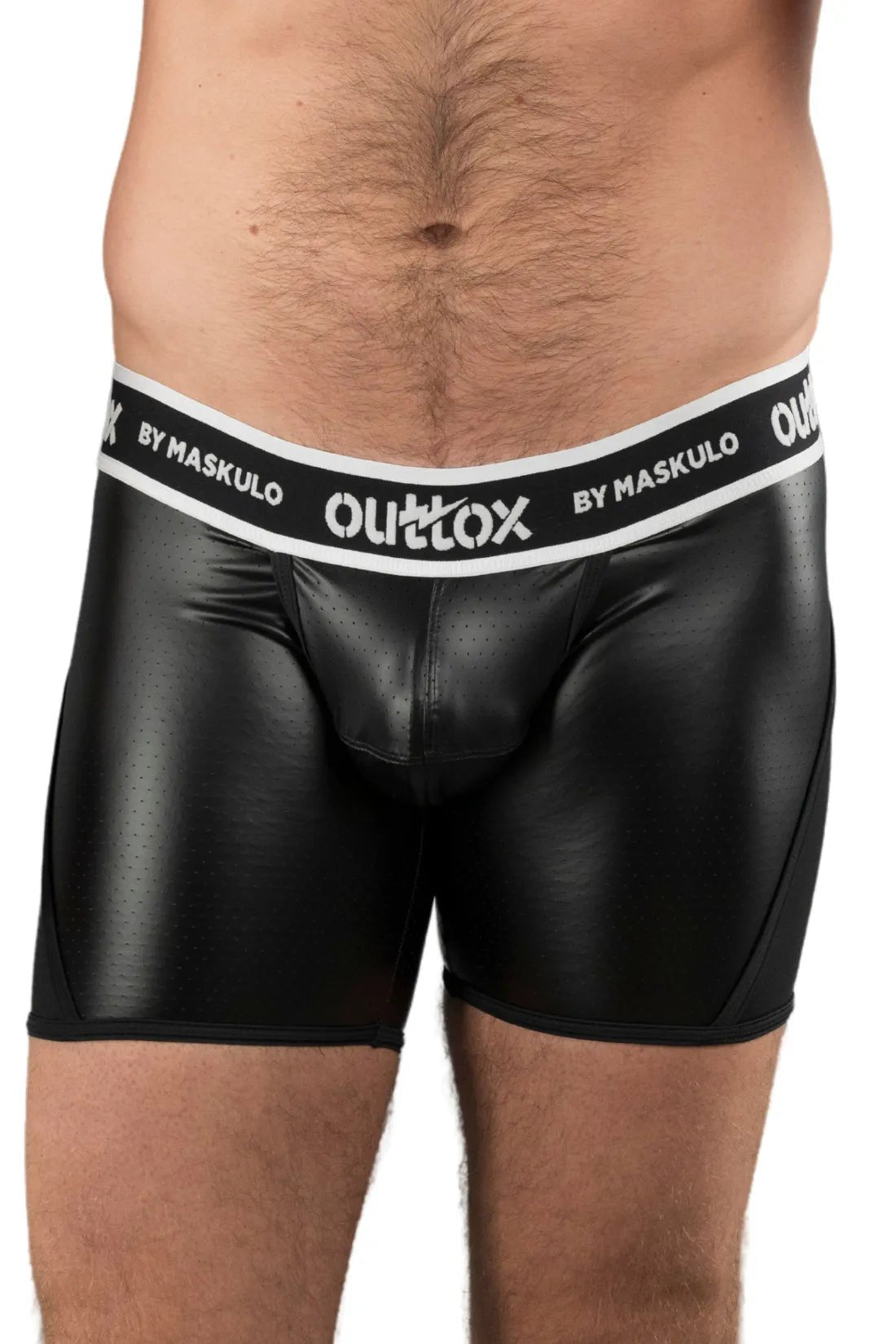 Black Outtox Maskulo wrapped rear shorts with snap codpiece from Maskulo Global (EU) online store. Durable fetish wear.