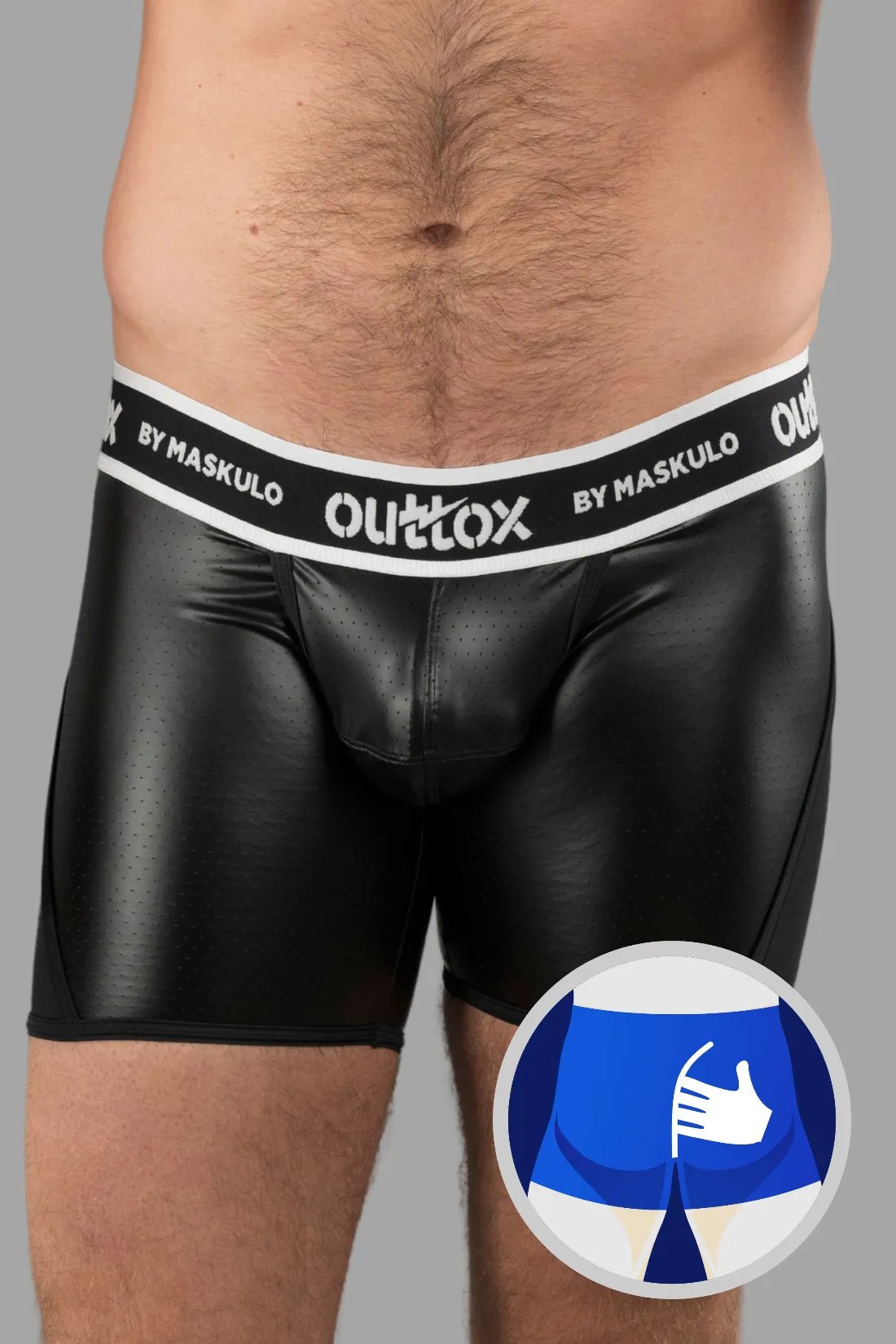 Outtox by Maskulo black shorts with snap codpiece and wrapped rear. Polyester, PU eco leather, and elastane blend for comfort and style.