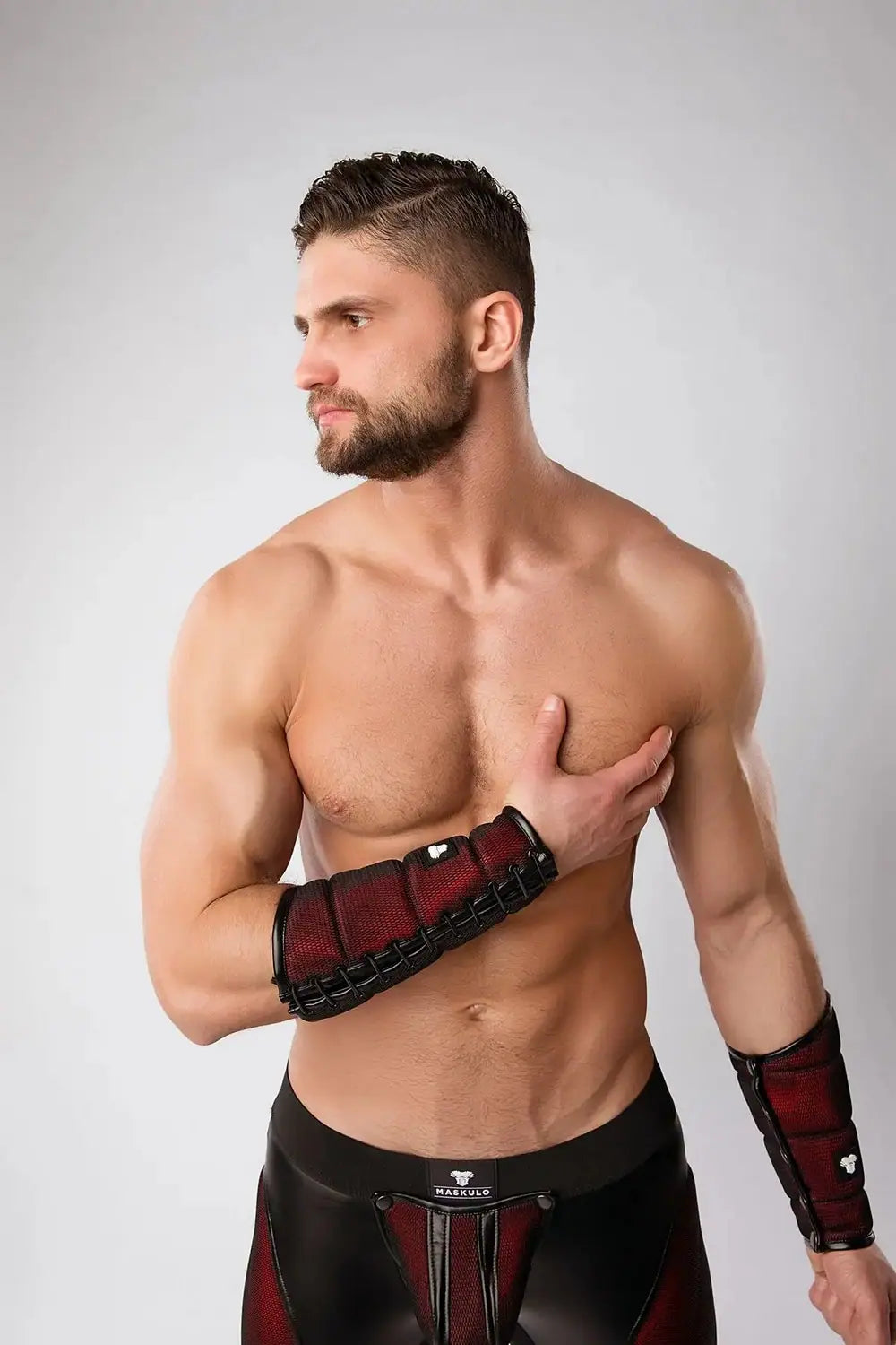 Maskulo red forearm guard wallet for men, featuring black mesh and zipper pocket for cash or tags, Armored Color-Under