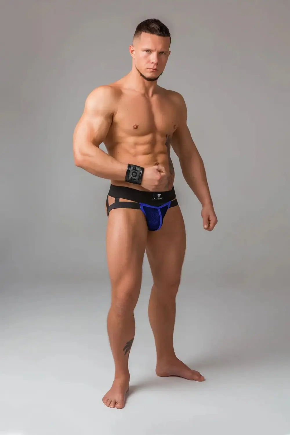 Maskulo blue-royal fetish jockstrap for men with padded mesh codpiece and elastic straps, popular in leather fetish and puppies subcultures