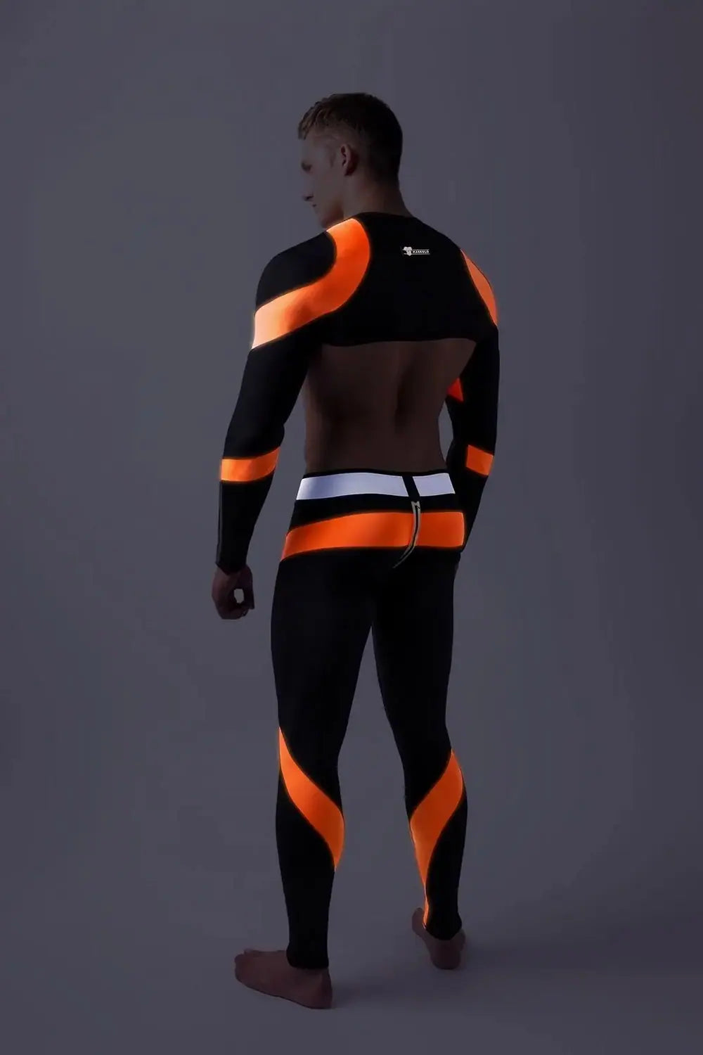 Maskulo Youngero neon orange and black long sleeve crop top for gender-fluid urban fetish wear