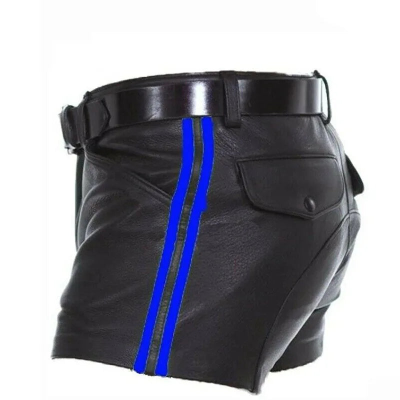 Maskulo black PU leather shorts with blue stripes, military-inspired saddle rear design. Perfect for bold statement looks, cosplay, parties, and daily wear.