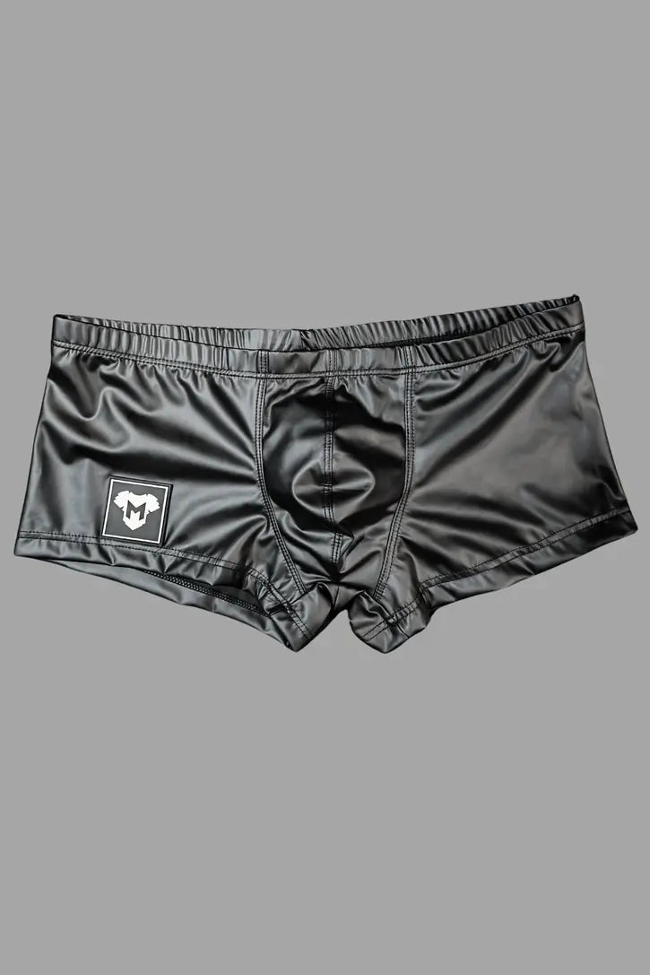 Maskulo Warren LiquidOil no-zip thin black PU leather trunk shorts. Tight fetish wear with Maskulo 3D logo. MSH260.