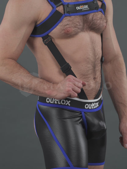 Outtox von Maskulo. Body Harness mit Druckknöpfen. Schwarz und Blau