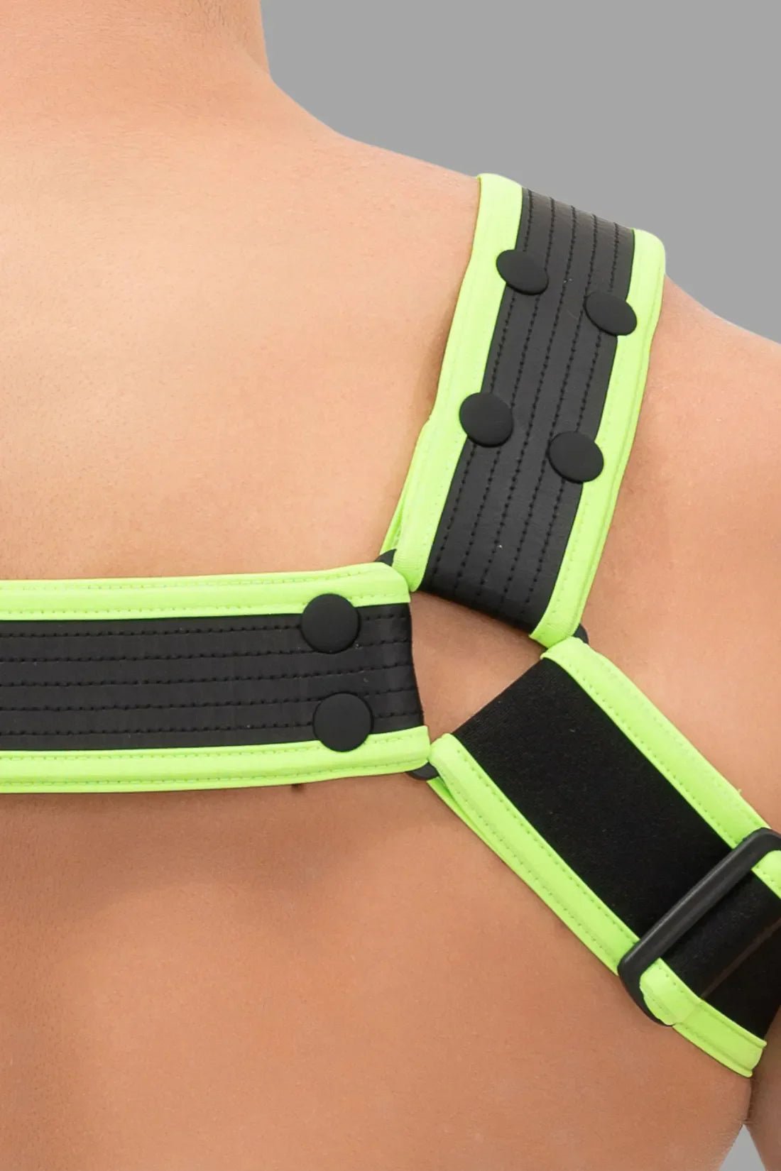 Outtox body harness with snaps in black and neon green from Maskulo Global (EU) store, a stylish and adjustable body accessory.