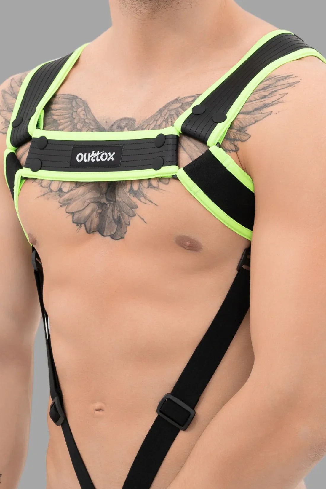 Outtox by Maskulo Black &amp; Green Neon Body Harness with snaps. Polyester/polyurethane/elastane blend, comfortable fit.