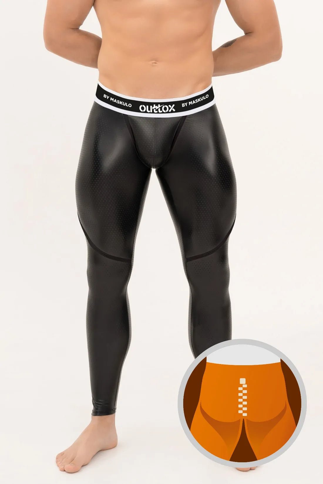 Outtox by Maskulo Black Leggings: perforated PU eco-leather, polyester blend, snap codpiece, zippered rear, logo waistband. XLG107.